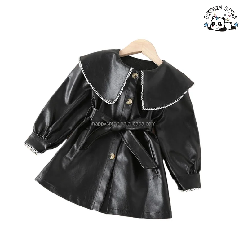 LEZONKIDS - Saia de couro PU média longa de outono e inverno para meninas, Vestido de couro preto com lapela para crianças